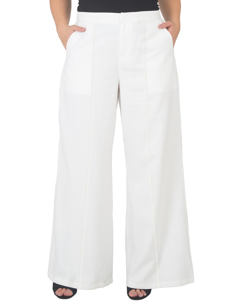Front of a model wearing a size 14 Brooklyn High Waist Wide Leg Pant in Off White by Standards & Practices. | dia_product_style_image_id:275868